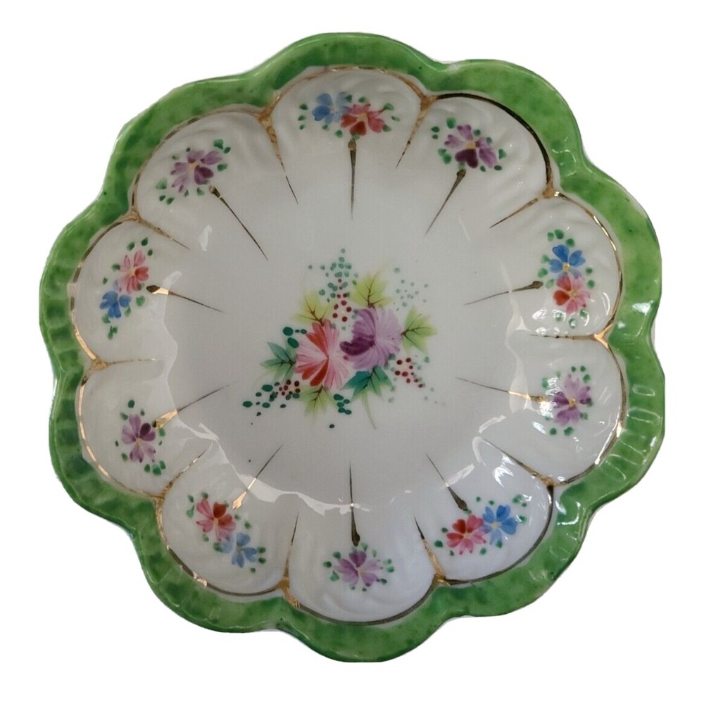 Hand Painted Small Porcelain Bowl White Gold Green Floral Scalloped Decorative